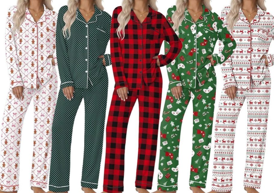 5 women in green and red and white christmas pajamas