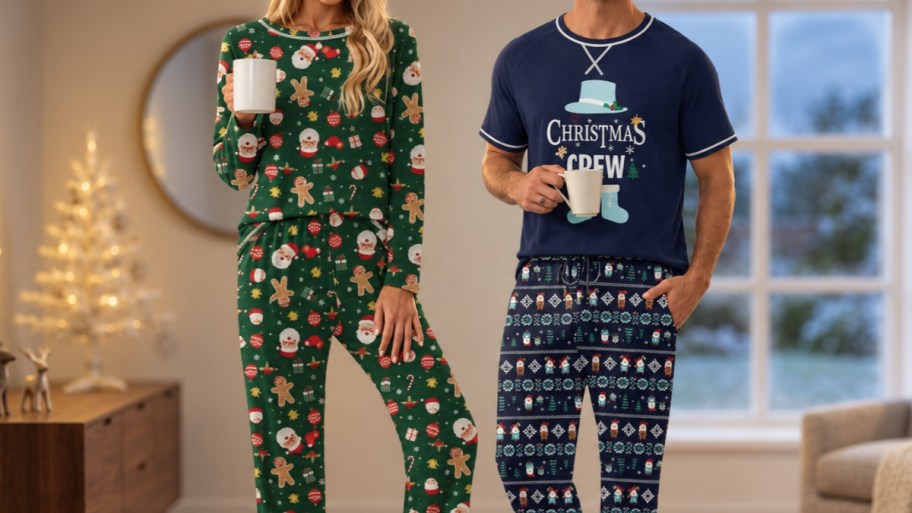 woman and man in holiday pjs having coffee 
