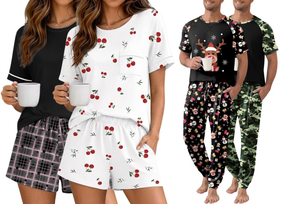 2 pajama sets in 4 different prints