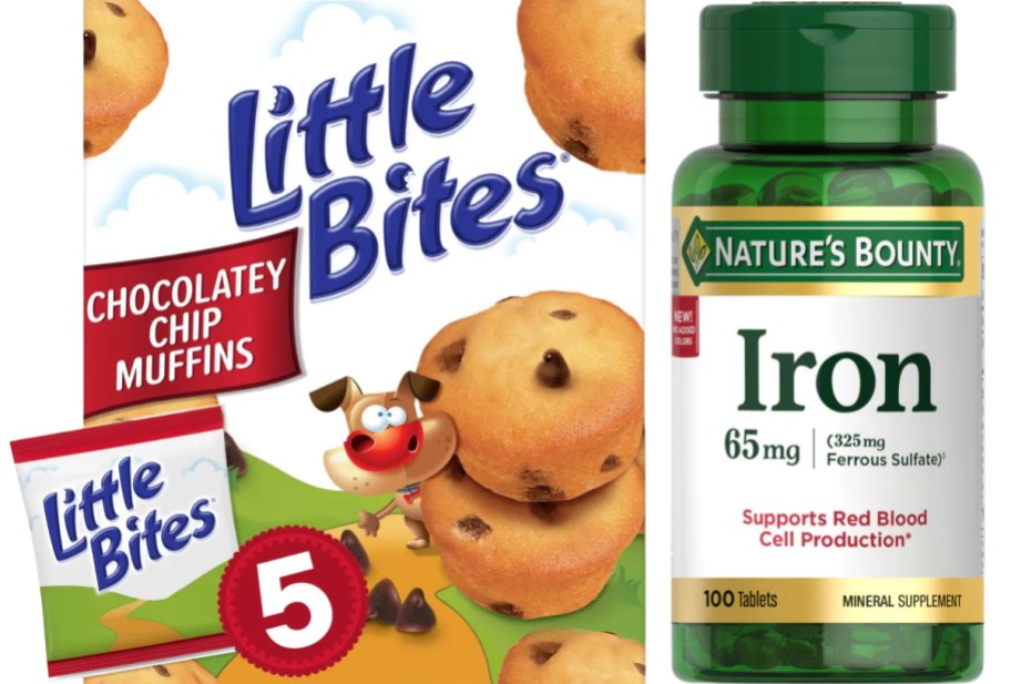 a box of mini muffins and a bottle of vitamins