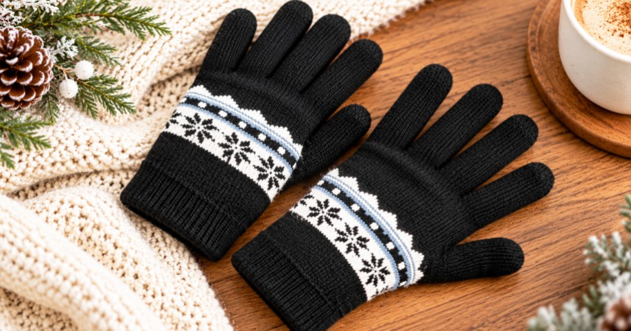 pair of black gloves on a wood table with a blanket