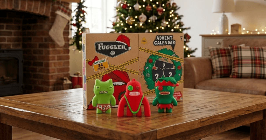 fuggler advent calendar on a table in a decorated living room