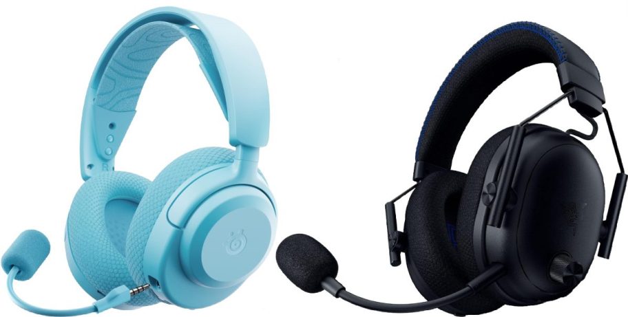 2 gaming headsets in blue and black