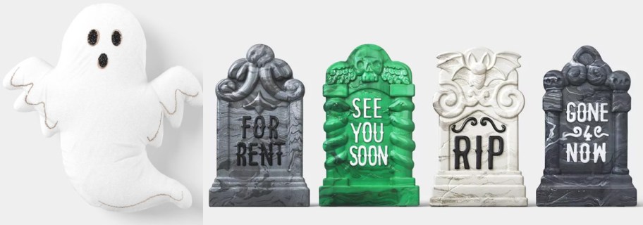 ghost pillow and 4 tombstones 