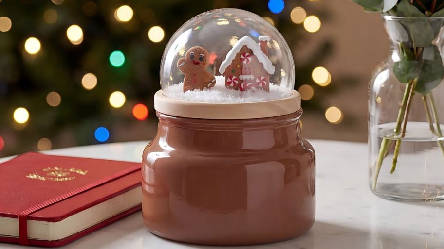 globe candle gingerbread house on top of the table