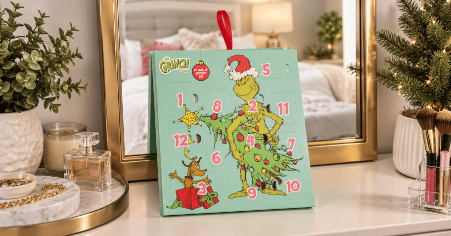 grinch advent calendar on dresser