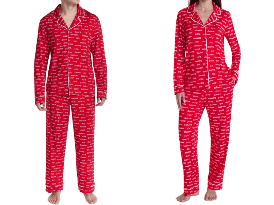 man and woman in matching red christmas pajamas