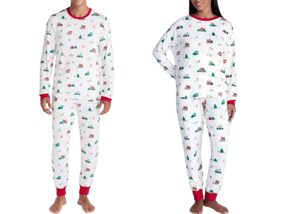 man and woman in matching christmas pajamas