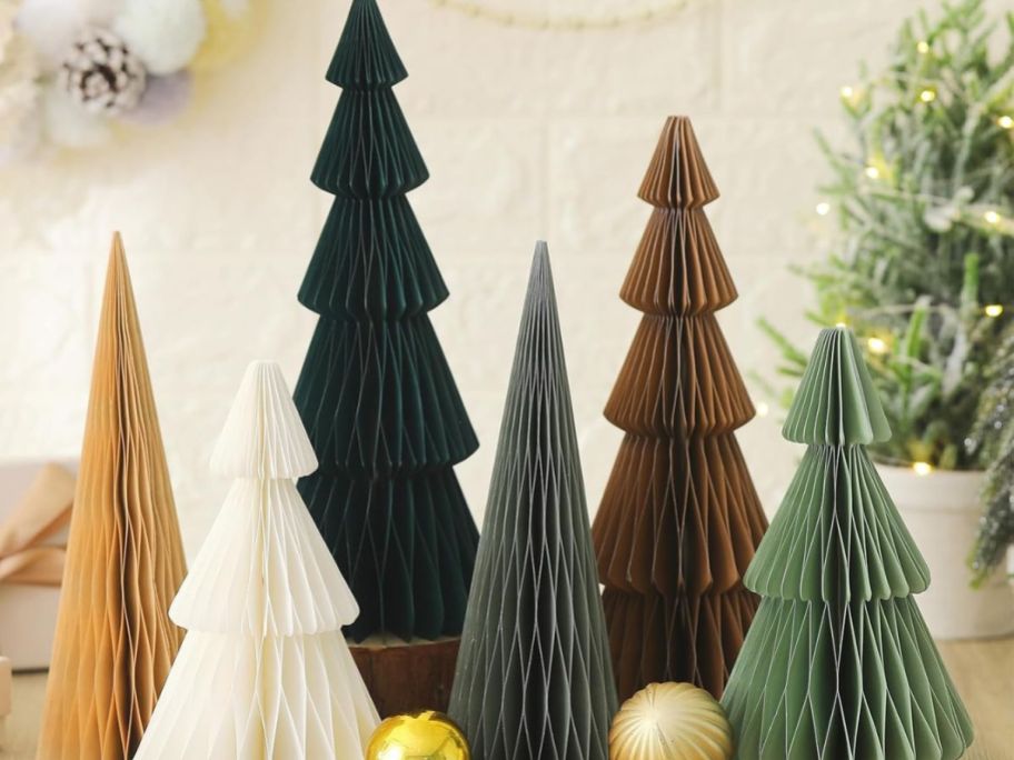 brown and green honeycomb paper christmas trees