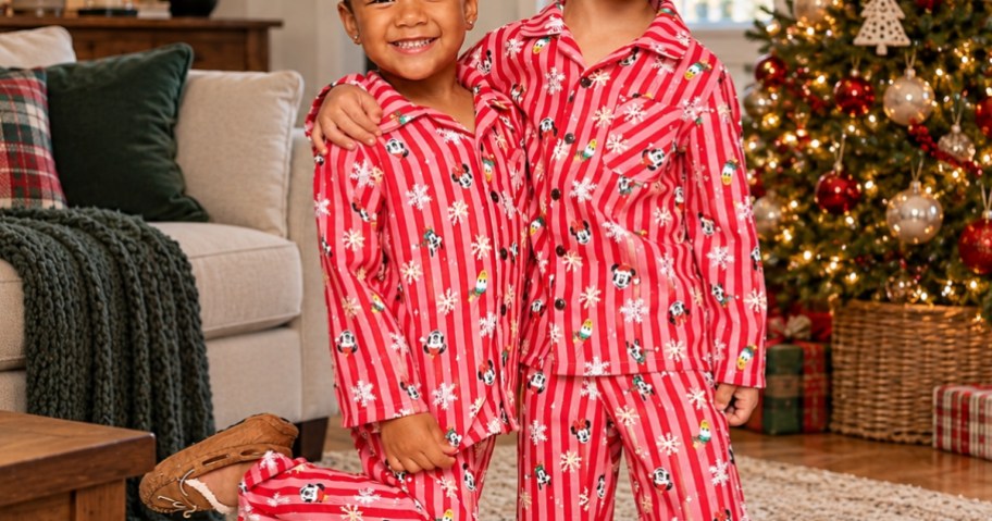 kids wearing matching Disney Christmas pajamas