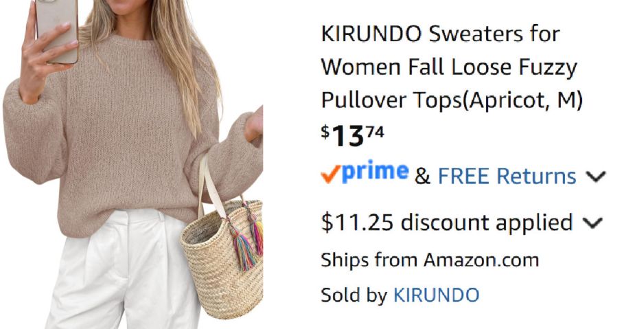 woman wearing tan sweater next to Amazon pricing information