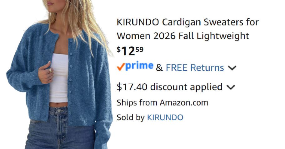 woman wearing blue sweater next to Amazon pricing information
