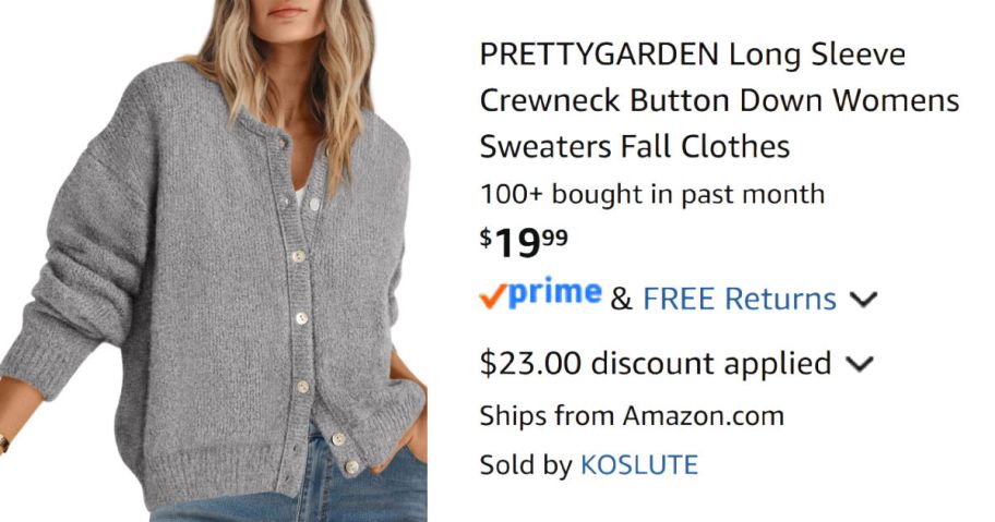 woman wearing gray cardigan sweater next to Amazon pricing information