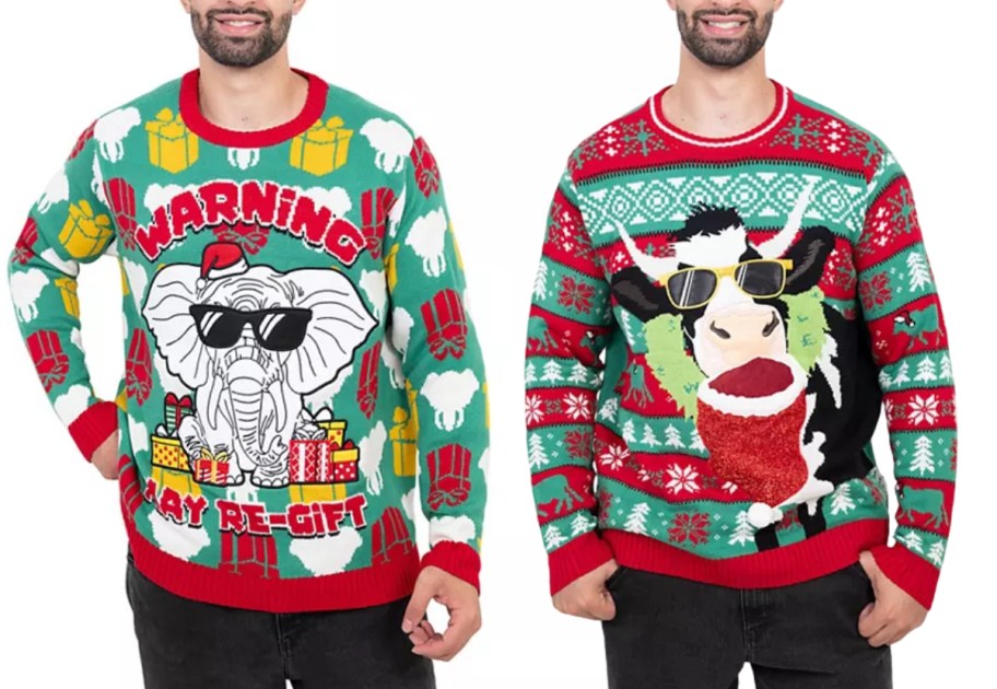 two men wearing really ugly christmas sweaters