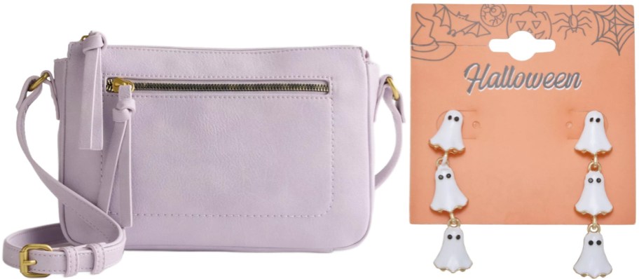 A light purple crossbody bag on the left and a pair of dangling ghost earrings on a Halloween card packaging on the right.