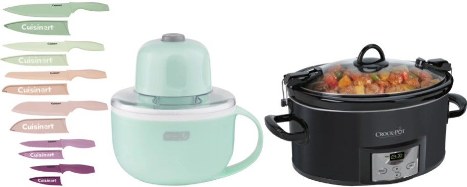 A collection of kitchen items displayed together, featuring a colorful set of Cuisinart knives on the left, a mint green Dash ice cream maker in the center, and a black digital Crock-Pot slow cooker filled with food on the right.