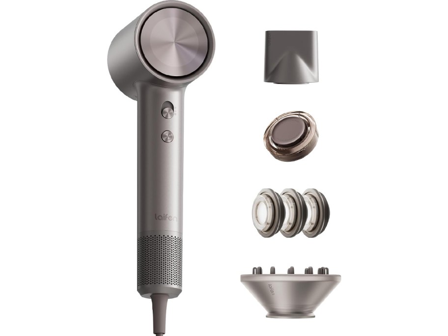silver hair dryer with attachments 