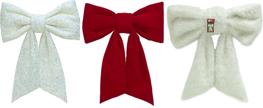 white sequin, red velvet and white fur bows 
