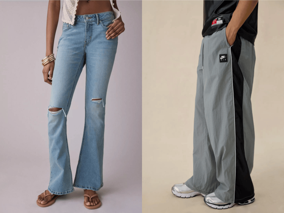 womens jeans and mens track pants