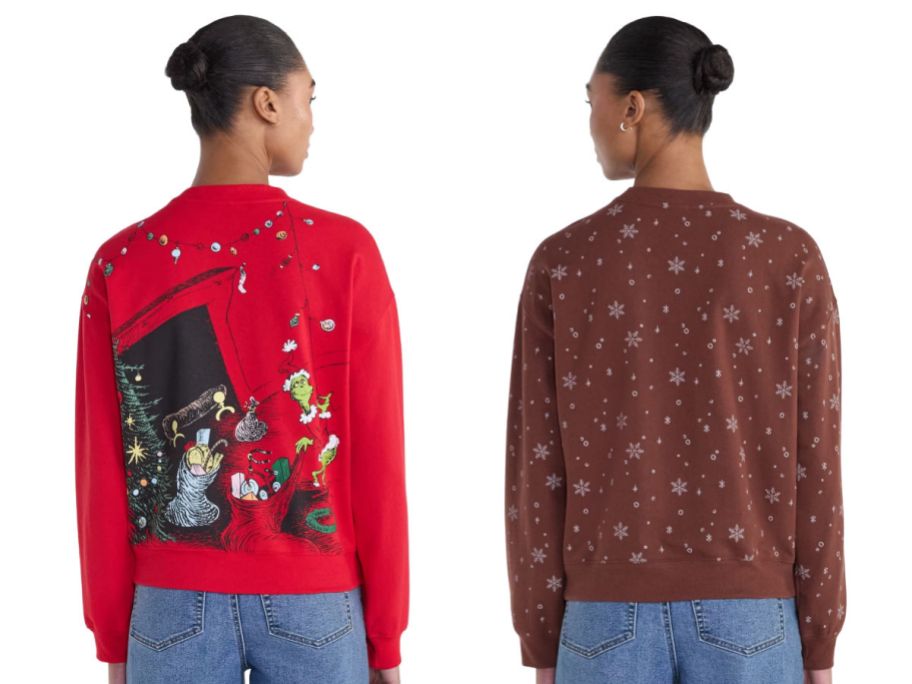 back of 2 women wearing Christmas sweatshirts on a white background