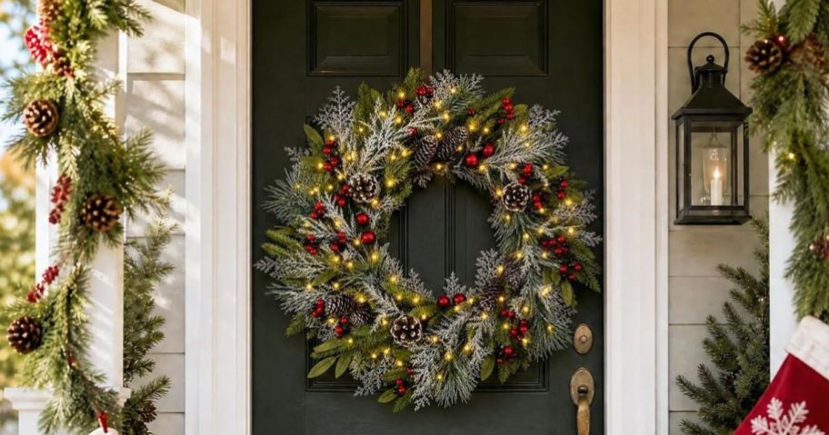 christmas wreath on a black door