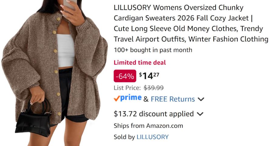 woman in brown sweater next to Amazon pricing information