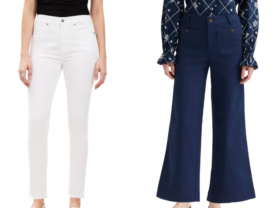 Two women's pants styles including white skinny jeans worn with a black top, and dark blue wide-leg pants with front pockets paired with a patterned blue blouse.
