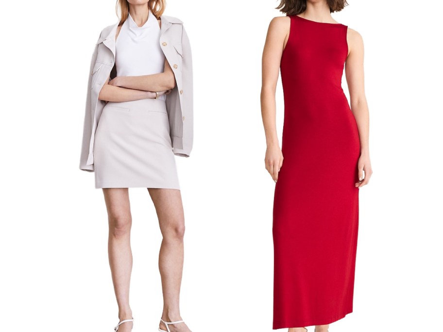 Two women's outfits including a light gray jacket and skirt set with a white top, and a sleeveless red maxi dress.