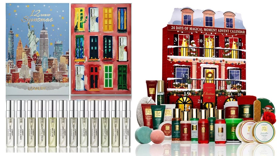 perfume and beauty products in front of advent calendar boxes 