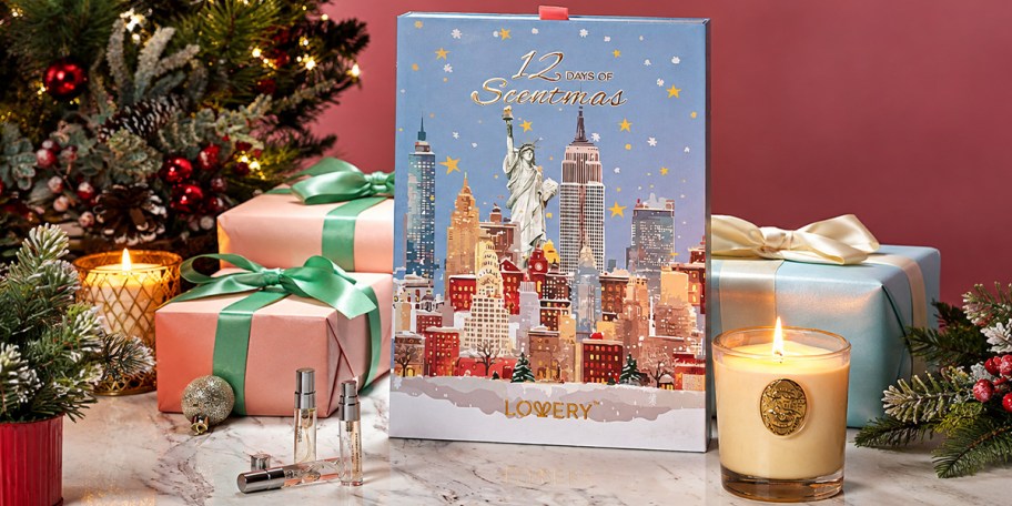 advent calendar on table with mini perfumes in front 
