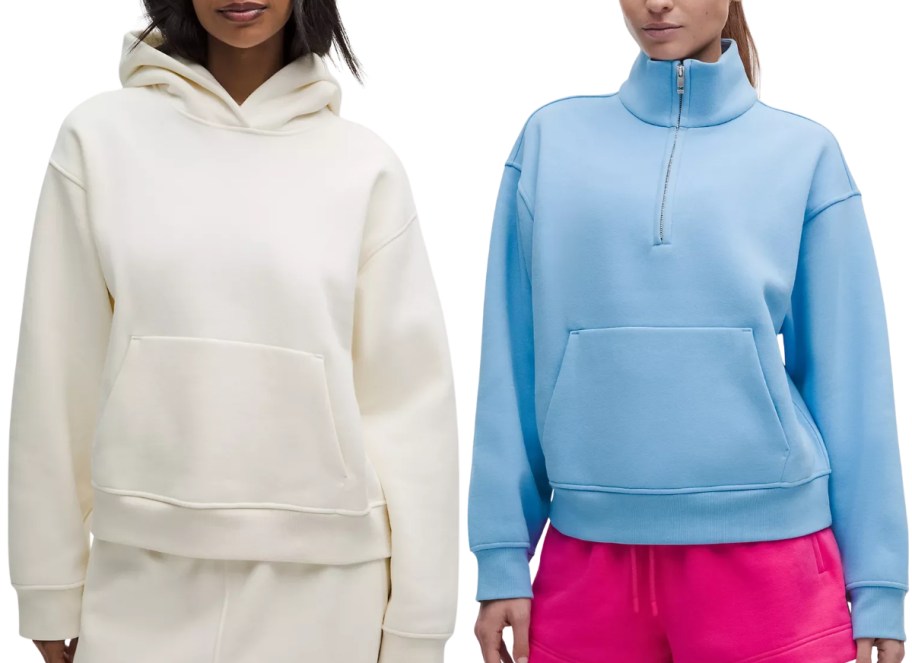 a woman wearing a hoodies and a woman wearing a funnel neck 1/2 zip sweatshirt