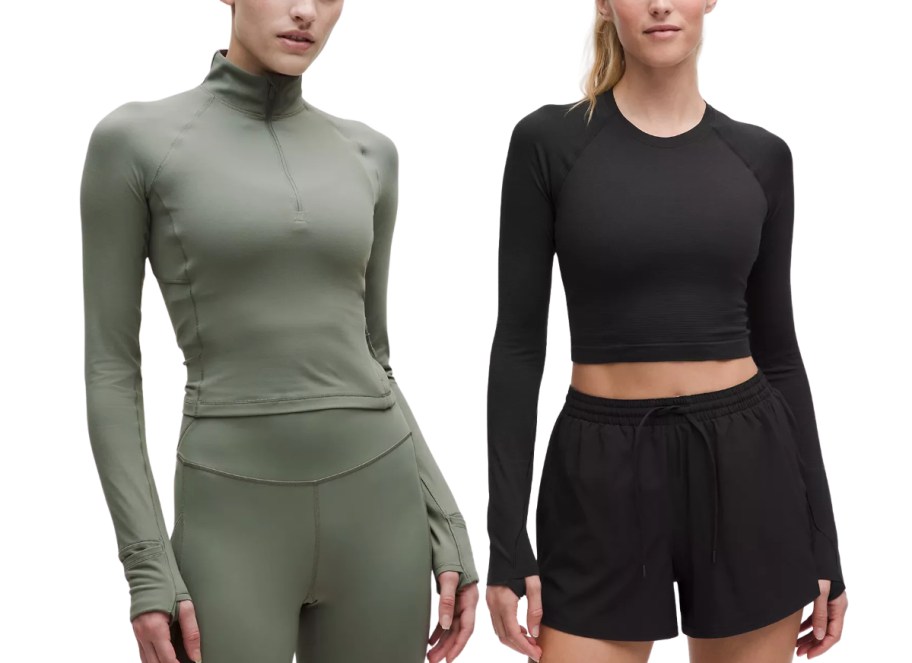 a woman wearing a cropped 1/2 zip top and a cropped l ong sleeve tee
