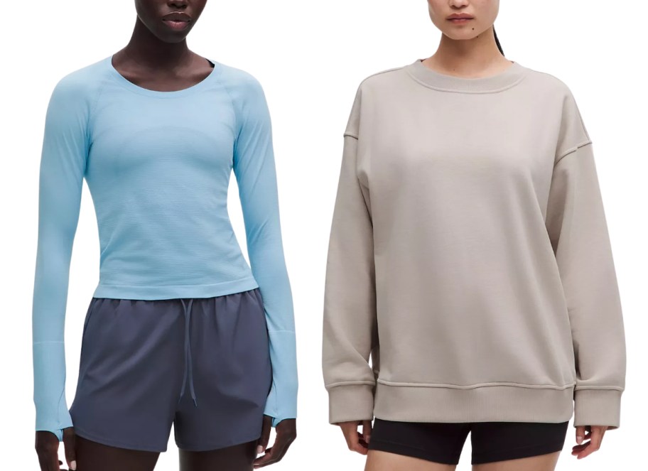 woman wearing a long sleeve tee and one wearing an oversized sweatshirt