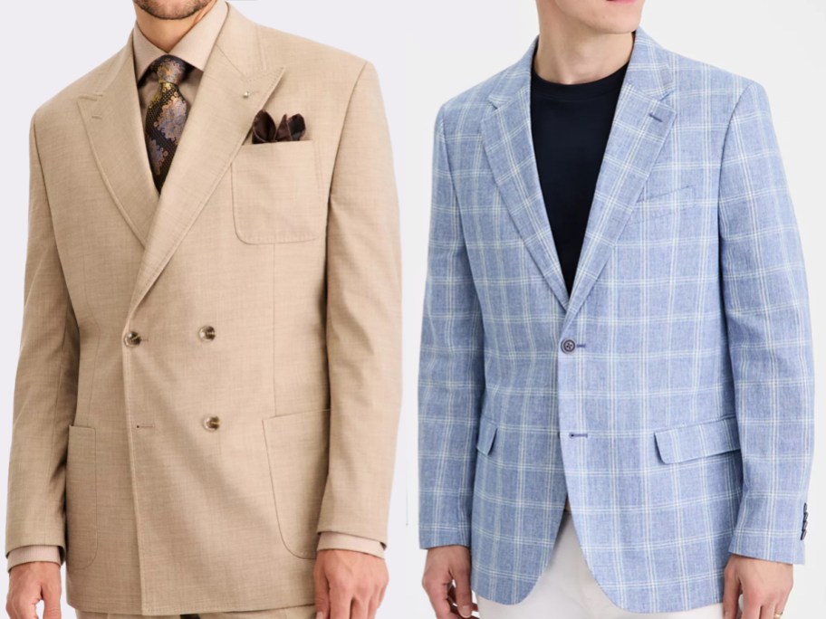 Two men wearing suit jackets, including a tan double-breasted jacket with a patterned tie and pocket square, and a light blue plaid sport coat over a dark shirt.