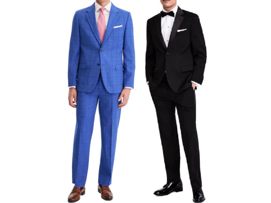 Two men wearing formal suits: one in a vibrant blue plaid suit with a pink tie and brown shoes, and the other in a black tuxedo with a bow tie and black dress shoes.