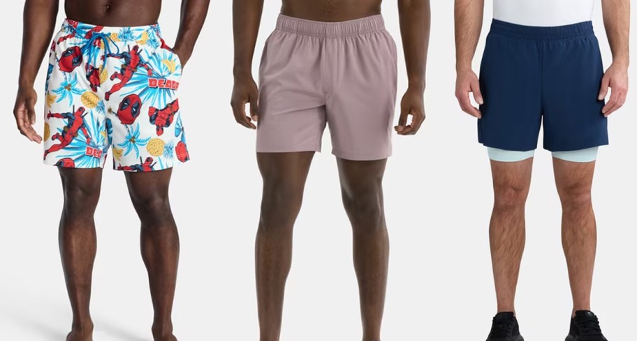 men wearing spiderman, purple and blue shorts 