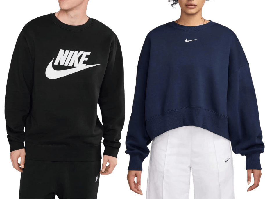 man and women both wearing nike sweatshirts