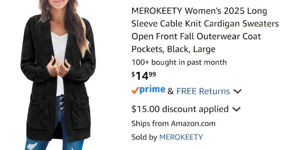 woman wearing black cardigan next to Amazon pricing information