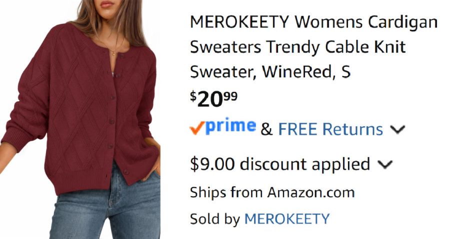 woman wearing a red cardigan sweater next to Amazon pricing information