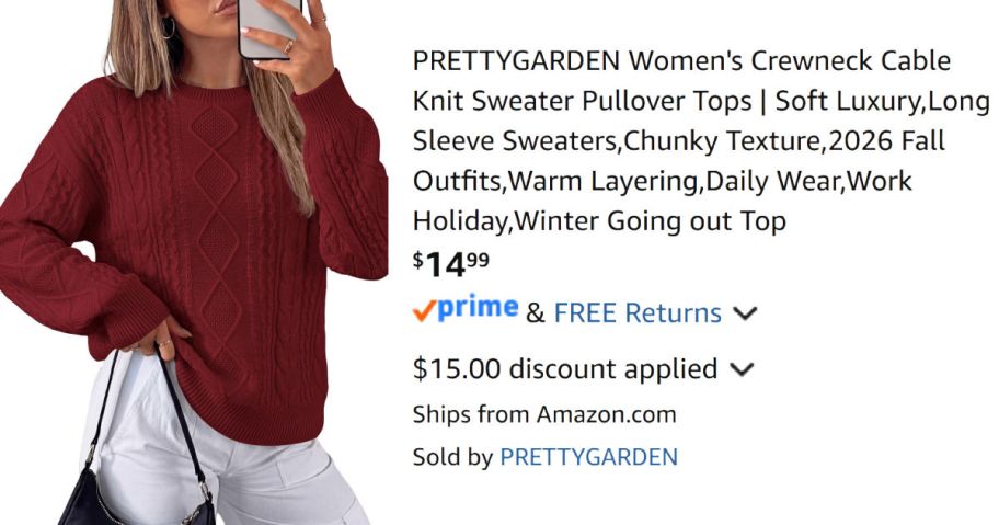 woman wearing red sweater next to Amazon pricing information