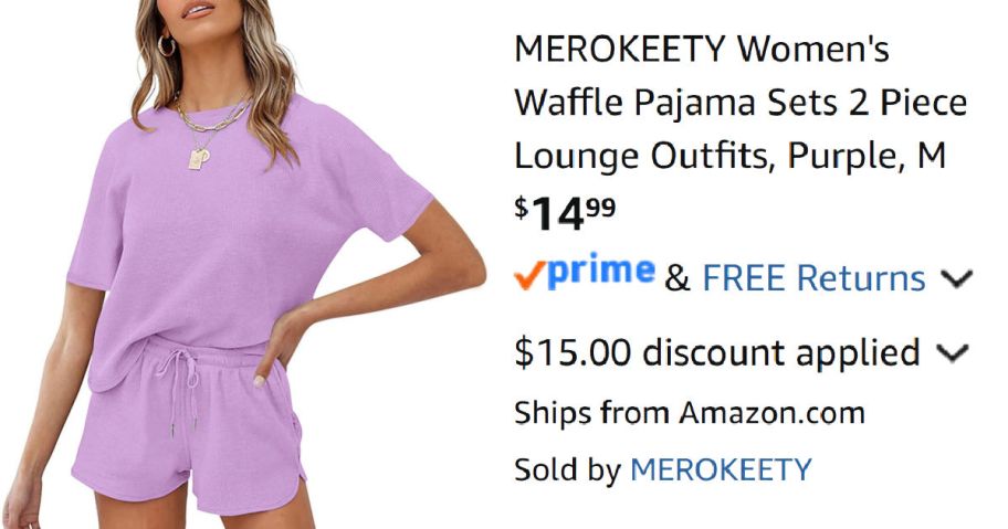 woman wearing purple pajamas next to Amazon pricing information