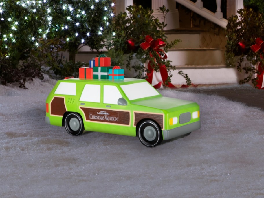 inflatable station wagon in snowy yard