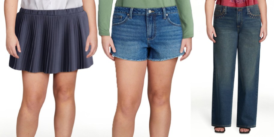 women wearing gray skirt, blue jeans, and black jeans