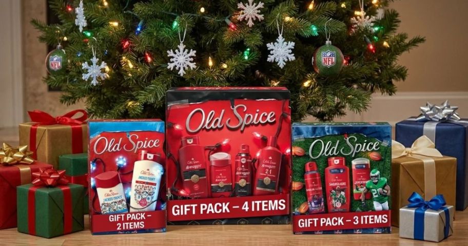 3 old spice gift sets under a christmas tree
