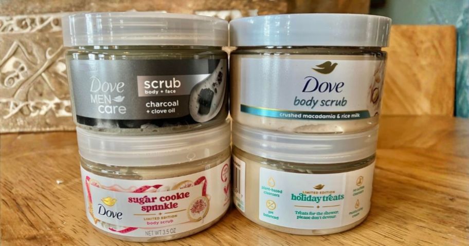 Dove Treats Exfoliating Mini Body Scrub 3.5oz 4-Pack on table