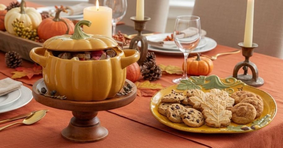 pumpkin serving dishes on table for Thanksgiving
