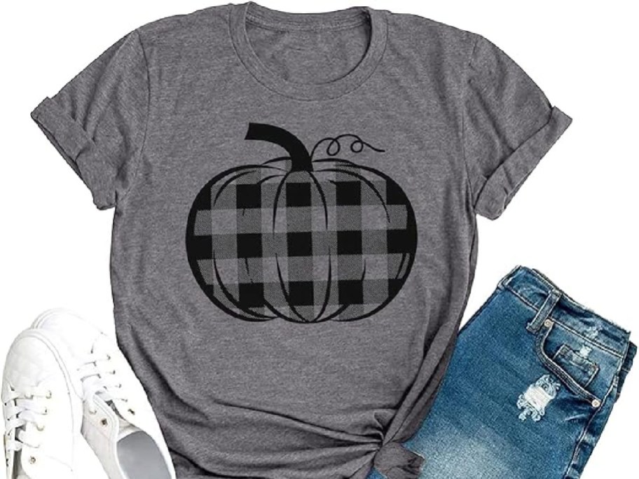 gray halloween tee with shoes and shorts