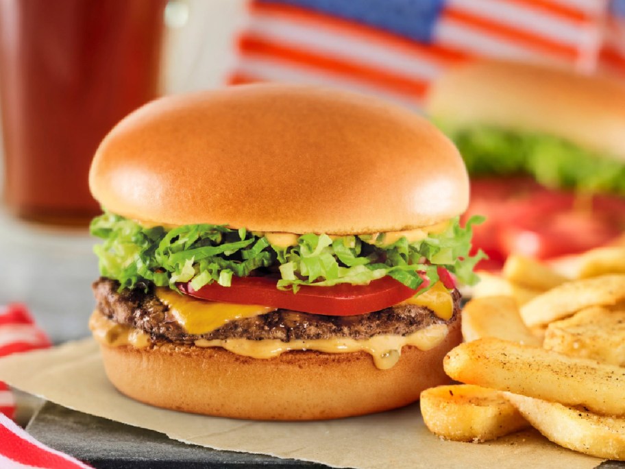 Brad Robin Tavern hamburger with fries in front of American flag