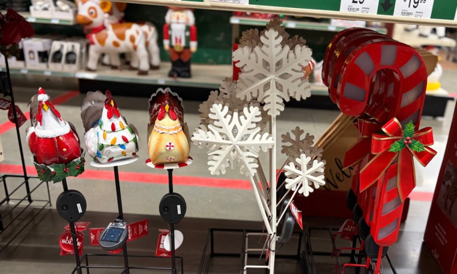 roosters and candy cane light up yard stakes