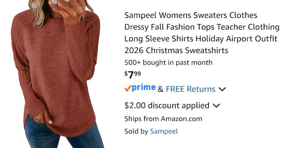 woman wearing rust-colored sweater next to Amazon pricing information